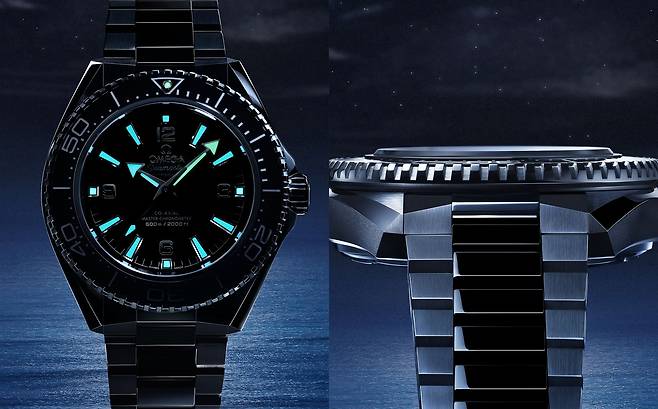 플래닛 오션 상징인 화살촉 시곗바늘과 바 인덱스에 슈퍼 루미노바를 코팅해 어두운 곳에서 가독성이 뛰어나다. 각을 살려 입체감을 강조한 디자인은 이번 4세대의 큰 특징이다. 사진 오메가