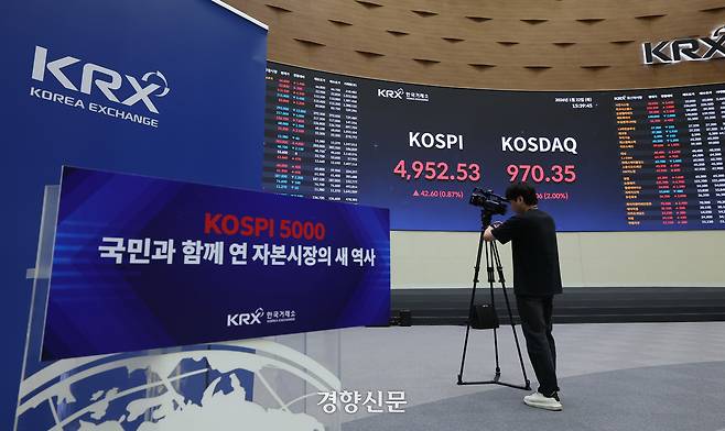 장중 코스피 지수가 5000포인트를 돌파했던 22일 서울 영등포구 한국거래소에 코스피 종가가 표시돼 있다. 권도현 기자