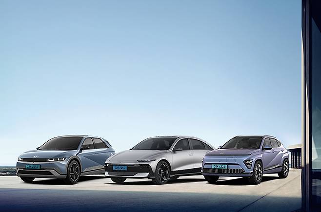 Hyundai Motor's EVs are seen in this photo provided by the company. From left, the Ioniq 5, Ioniq 6 and Kona Electric [HYUNDAI MOTOR]