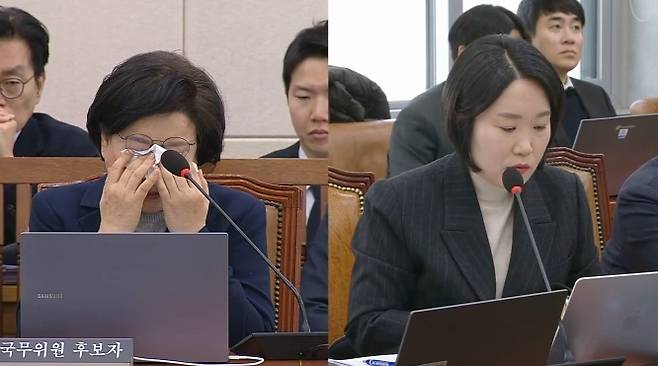 23일 국회 인상청문회에서 눈물 닦는 이혜훈 기획예산처 장관 후보자