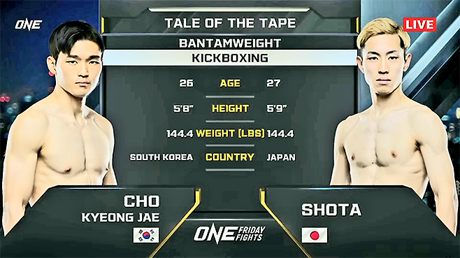 제2대 맥스FC 65㎏ 챔피언 조경재와 입식타격기 빅리그 일본 Rise 4승 2패 쇼타가 2026년 1월 태국 방콕 룸삐니 경기장 ONE Friday Fights 138 생중계에서 킥복싱 출전 선수로 소개되고 있다. 조경재는 대한무에타이협회 70㎏ 챔피언도 지냈다. 사진=Group One Holdings Pte. Ltd.