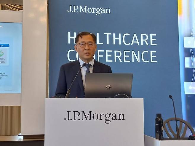 [샌프란시스코=뉴시스] 전태연 알테오젠 대표가 15일(현지 시간) 미국 샌프란시스코에서 'JP모건 헬스케어 콘퍼런스' 아시아·태평양(APAC) 트랙 발표를 진행하고 있다. (사진=알테오젠 제공) 2026.01.23. photo@newsis.com *재판매 및 DB 금지