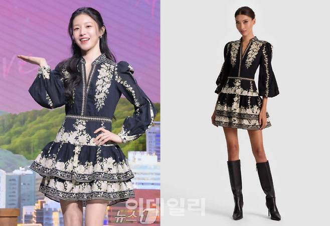 고윤정이 넷플릭스 드라마 ‘이 사랑 통역 되나요?’ 제작발표회에서 앨리스앤올리비아 제품을 착용한 모습(왼쪽)과 모델 착용샷 (사진=뉴스1·앨리스앤올리비아 홈페이지 캡처)