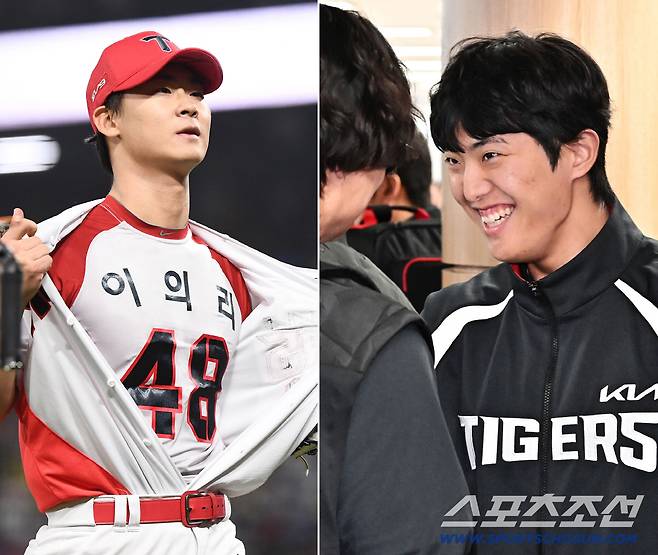 23일 오후 KIA 타이거즈 선수단이 김포공항을 통해 전지훈련이 열리는 일본으로 출국했다. 밝은 표정으로 인사를 나누고 있는 곽도규, 이의리. 지난 2024시즌 한국시리즈 5차전. '이의리 유니폼' 세리머니를 펼치고 있는 곽도규(왼쪽 사진) 김포공항=송정헌 기자songs@sportschosun.com/2026.01.23/