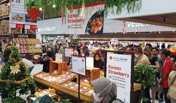 롯데마트 인도네시아 세르퐁점에 마련된 한국산 딸기 매장.  /사진 롯데마트