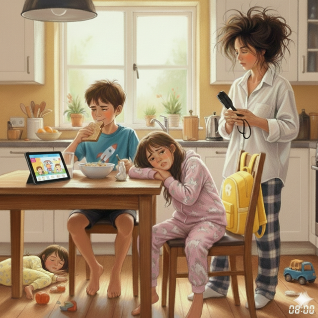 구글의 생성형 인공지능 제미나이로 그린 워킹맘 송지희씨와 삼남매 평일 아침 8시 풍경. 초등학교 3학년인 첫째 하준이는 식탁에 앉아 태블릿PC를 보며 식빵을 먹고 있고, 유치원생 둘째 하음이는 잠옷을 입은 채 식탁에 엎드려 울고 있다. 네 살 막내 예음이는 머리 묶는 순번을 기다리다가 식탁 밑에서 잠들었다. 제미나이·강지수 기자