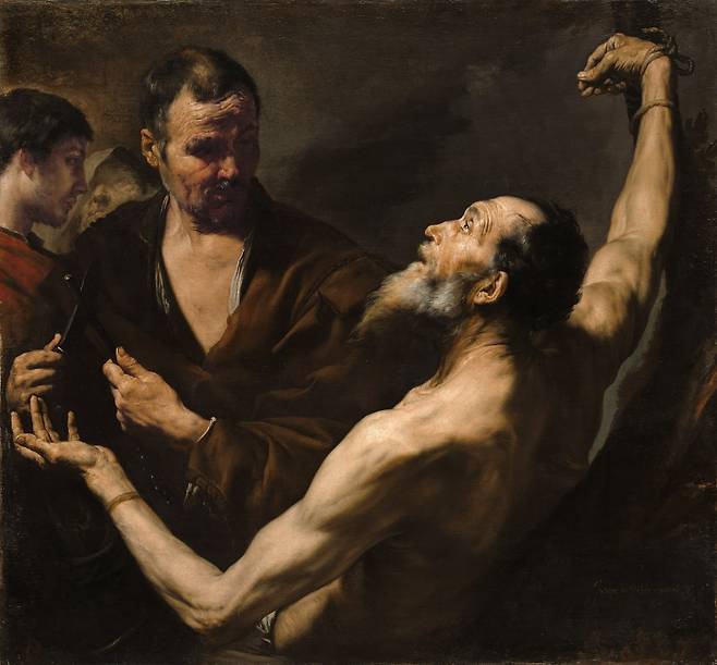 성 바르톨로메오의 순교 (1634). 성자의 살가죽을 산 채로 벗겨내는 집행자의 무심한 표정과 팽팽하게 당겨진 가죽 같은 피부 질감이 생생하다. / 워싱턴 국립 미술관