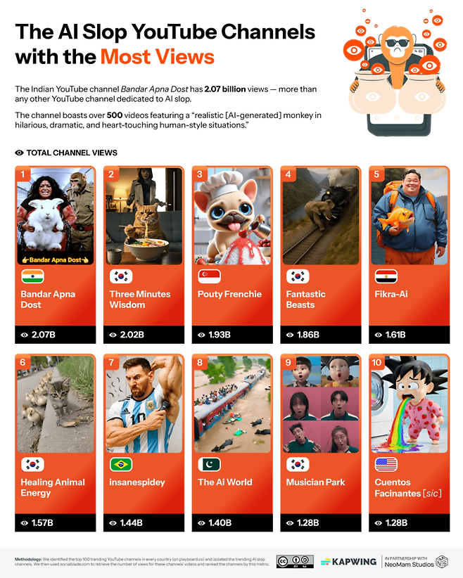 조회수가 가장 많은 AI 슬롭 유튜브 채널. 카프윙 ‘AI 슬롭 보고서’