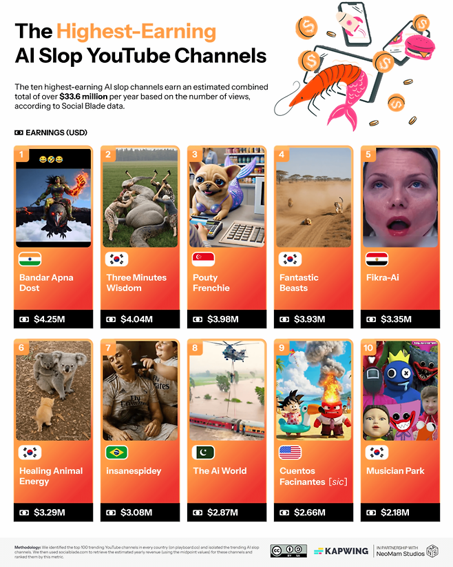 가장 높은 수익을 올리는 AI 슬롭 유튜브 채널. 카프윙 ‘AI 슬롭 보고서’