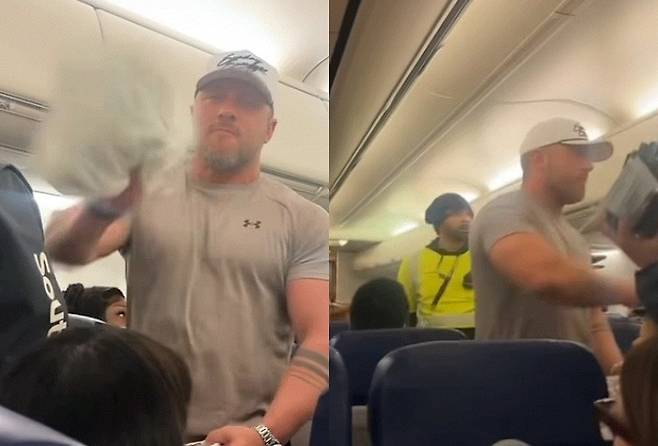 비행기 내에서 한 남성이 자신의 아내에게 추파를 던진다며 승객들에게 난동을 부린 영상이 온라인을 통해 확산하면서 논란이 됐다. [사진출처 = SNS]
