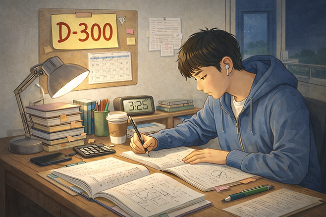 수능 D-300 종이를 붙이고 공부하는 수험생의 모습. [챗GPT]