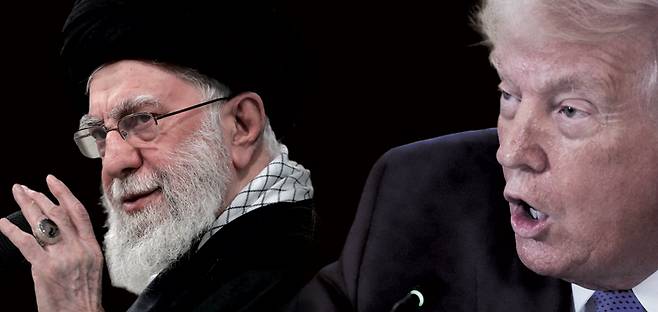 1월17일 이란 최고지도자 알리 하메네이가 수도 테헤란에서 종교적 명절을 기념하는 연설을 하고 있다(왼쪽 사진). 1월9일 도널드 트럼프 미국 대통령이 워싱턴 백악관 이스트룸에서 열린 석유 업계 임원들과의 회의 도중 질문자를 지명하고 있다. ⓒXinhua 연합·AP 연합