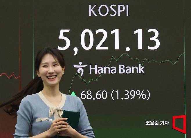 코스피가 장중 5021.13으로 사상 최고가를 경신한 가운데 23일 서울 중구 하나은행 본점 딜링룸에서 직원이 증시와 환율 등을 모니터하고 있다. 이날 코스피는 전 거래일(4952.53)보다 31.55포인트(0.64%) 상승한 4984.08에 장을 시작했다. 2026.1.23 조용준 기자