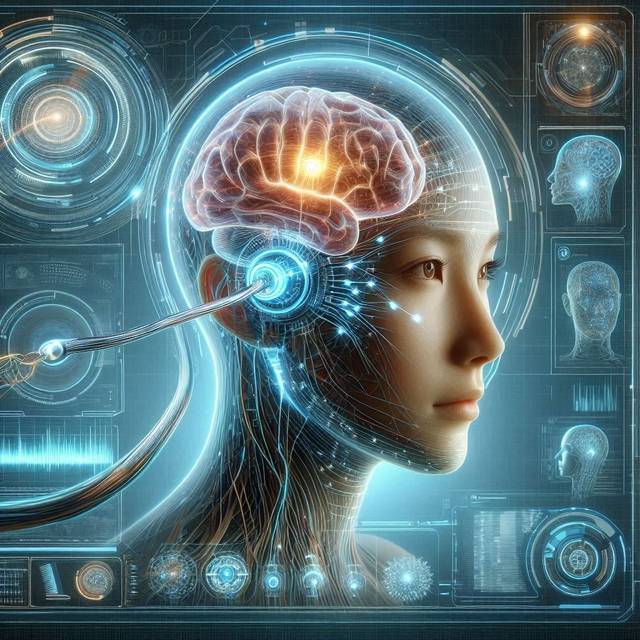 뇌-컴퓨터 인터페이스 기술을 적용한 이미지. MS 빙이 그린 일러스트.