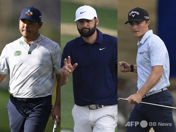 2026년 미국프로골프(PGA) 투어 더 아메리칸 익스프레스 우승 경쟁에 뛰어든 김시우 프로, 스코티 셰플러, 블레이드 브라운이 3라운드에서 경기하는 모습이다. 사진제공=ⓒAFPBBNews = News1 (사진을 무단으로 사용하지 마십시오.)