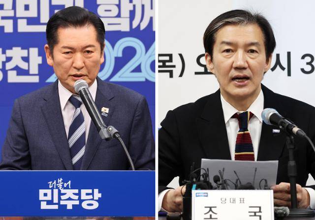 정청래(왼쪽 사진) 더불어민주당 대표가 22일 서울 여의도 국회에서 긴급기자회견을 열고 조국혁신당에 합당 제안을 하고 있다. 이날 조국 조국혁신당 대표는 전북 전주시 전북도당에서 열린 현장최고위에서 합당 제안에 대해 "국민의 마음과 뜻이 가리키는 방향에 따라 논의하고 결정하겠다”고 밝혔다. 뉴시스