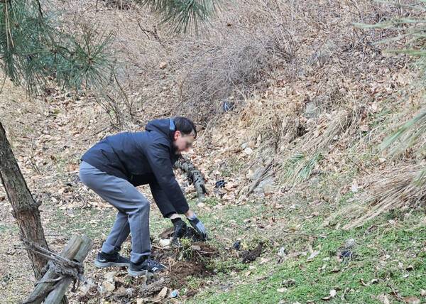 인천 부평구 장수산 일대에 거주하고 있는 외국인 A씨가 장수산에서 땅속에 파묻힌 쓰레기를 수거하고 있다. 연합뉴스