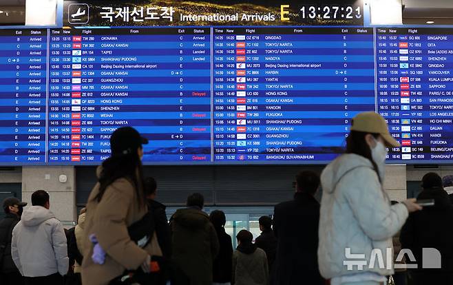[인천공항=뉴시스] 이영환 기자 = 25일 오후 인천국제공항 제1여객터미널 도착장에 도착편 안내가 표시되고 있다.인천국제공항공사는 중국, 일본 노선 항공수요 증가세에 힘입어 2025년 여객실적 7407만 1475명, 운항실적 42만 5760회를 기록해 지난 2001년 개항이후 역대 최다 항공운송실적을 달성했다고 이날 밝혔다. 2026.01.25. 20hwan@newsis.com
