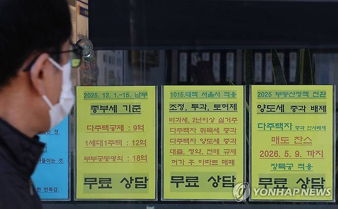 다주택자 절세매물 나올까 (서울=연합뉴스) 이진욱 기자 = 이재명 대통령이 23일 다주택자 양도소득세 중과 유예조치 기간 연장을 "전혀 고려하지 않고 있다"는 입장을 밝힘에 따라 서울을 포함한 규제지역에서 양도세 중과를 회피하려는 일부 다주택자들의 급매물이 당분간 시장에 풀릴지에 관심이 쏠린다. 사진은 이날 서울 한 부동산 중개업소에 붙은 다주택자 양도세 관련 안내문. 2026.1.23 cityboy@yna.co.kr