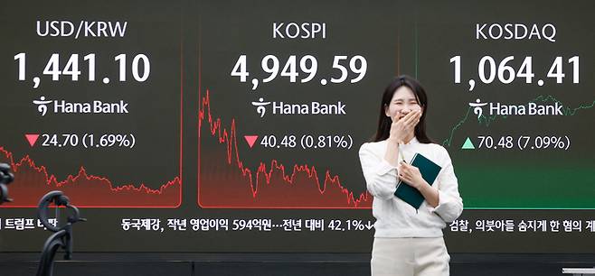 26일 오후 서울 중구 하나은행 딜링룸 전광판에 코스피, 코스닥, 달러 원 환율 종가가 나오고 있다. [뉴스1]