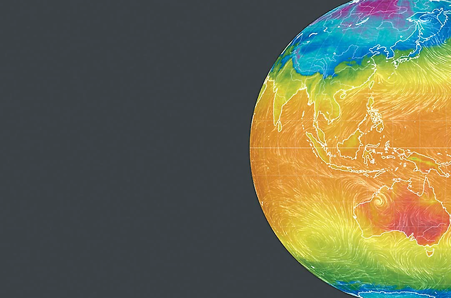 상공에서 내려다본 지구의 기온 분포. 북극의 냉기가 북반구를 덮친 반면, 호주 등 남반구는 기록적 폭염에 시달리고 있다. 어스 널스쿨