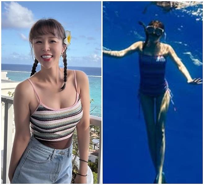 가수 문원과 오는 5월 결혼을 앞둔 코요태 신지가 아찔한 수영복 자태를 공개했다. / 사진 = 신지 SNS