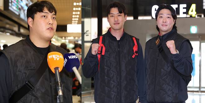 KIA와 자유계약선수(FA)로 계약을 맺은 투수 조상우, 홍건희,김범수(왼쪽부터)가 25일 김포공항을 통해 전지훈련지인 일본 가고시마로 떠나기 앞서 새 시즌 각오를 밝히고 있다.  KIA 타이거즈 제공