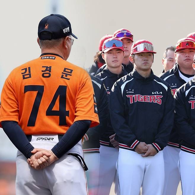 과연 한화의 선택은? 김경문 한화 이글스 감독(왼쪽)과 KIA 타이거즈 선수들. /사진=AI 활용 합성(한화 이글스, KIA 타이거즈 제공 사진 활용)