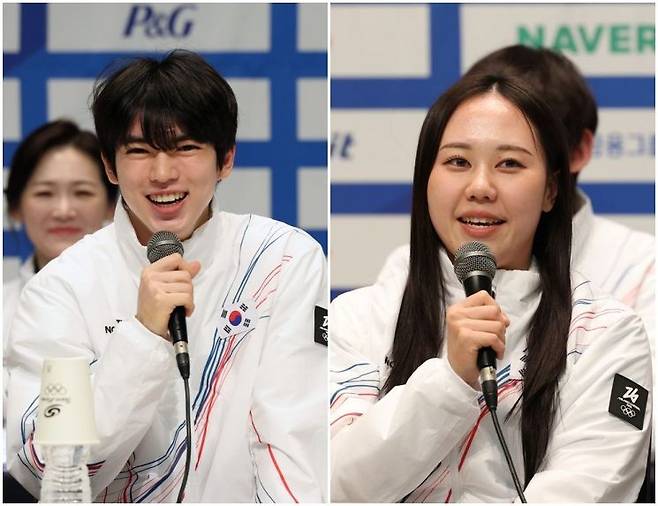 차준환(왼쪽)과 박지우가 지난 7일 충북 진천선수촌에서 열린 2026 밀라노·코르티나 동계올림픽대회 D-30 미디어데이에서 취재진의 질문에 답하고 있다.   [사진 제공= 연합뉴스]