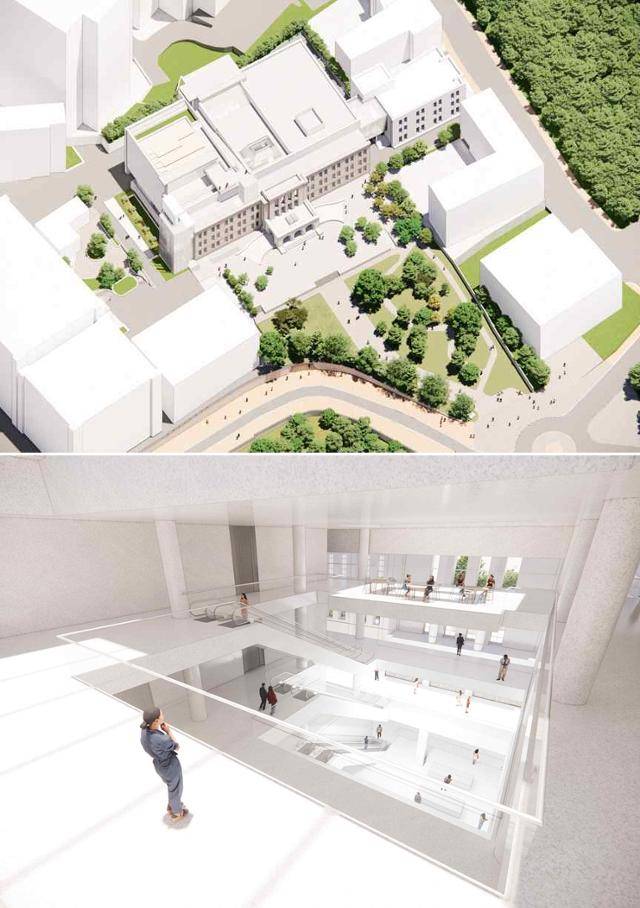 서울 중구 서울시립미술관의 2030년 증축 및 리모델링 계획으로 제시된 미술관 전체 투시도(위 사진)와 리모델링 후 본관 내부 모습(아래). 서울시립미술관 제공