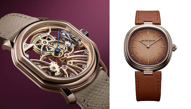 왼쪽부터 다니엘 로스의 엑스트라 플랫 로즈 골드 스켈레톤과 제럴드 젠타의 제네바 타임 온리. 다니엘 로스는 1980년대 유명한 독립 시계 제작자였다. 제럴드 젠타는 IWC의 인제니어SL, 오데마 피게 로열 오크, 파텍 필립 노틸러스 등을 디자인한 유명 디자이너다. 사진 LVMH