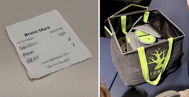 [좌] 휴대폰 촬영 금지를 위해 발급된 종이 티켓 [우] 관객들에게 지급된 휴대폰 파우치 / 사진. ⓒ이진섭