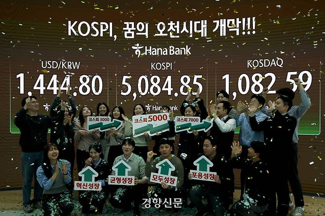 코스피가 종가 기준 5,000포인트를 돌파한 27일 서울 중구 하나은행 딜링룸에서 직원들이 축하 세리모니를 하고 있다. 문재원 기자