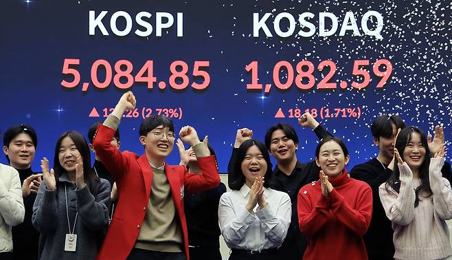 Employees celebrate in front of an electronic board showing the Kospi closing above 5,000 for the first time on Jan. 27 at the Korea Exchange in Yeongdeungpo District, western Seoul. [NEWS1]