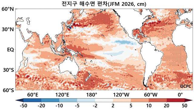 올 1~3월 전 지구 해수면 높이 편차 전망. 절대 해수면 높이(Absolute Dynamic Topography·ADT)는 인공위성 관측을 통해 측정되며, 전 지구 평균 해수면은 꾸준히 상승하고 있는 것으로 확인되고 있다. 한국해양과학기술원 해양기후예측센터