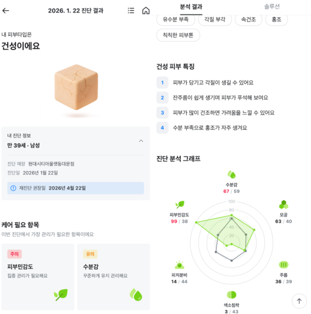CJ올리브영의 피부 자가 진단 서비스 ‘스킨스캔’ 이용 결과가 모바일 앱을 통해 제공된 화면 캡처.
