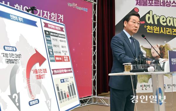 유정복 인천시장이 28일 시청 대회의실에서 재외동포청과 공공기관 타 지역 이전과 관련된 주요 시정 현안에 대한 입장을 밝히고 있다. 2026.1.28 /김용국기자 yong@kyeongin.com