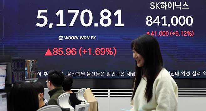 28일 오후 서울 중구 우리은행 본점 딜링룸 전광판에 증시 현황이 표시되어 있다. 이날 코스피는 전 거래일 대비 85.96p(1.69%) 상승한 5170.81, 코스닥은 50.93p(4.70%) 오른 1133.52에 마감했다. 2026.1.28/뉴스1