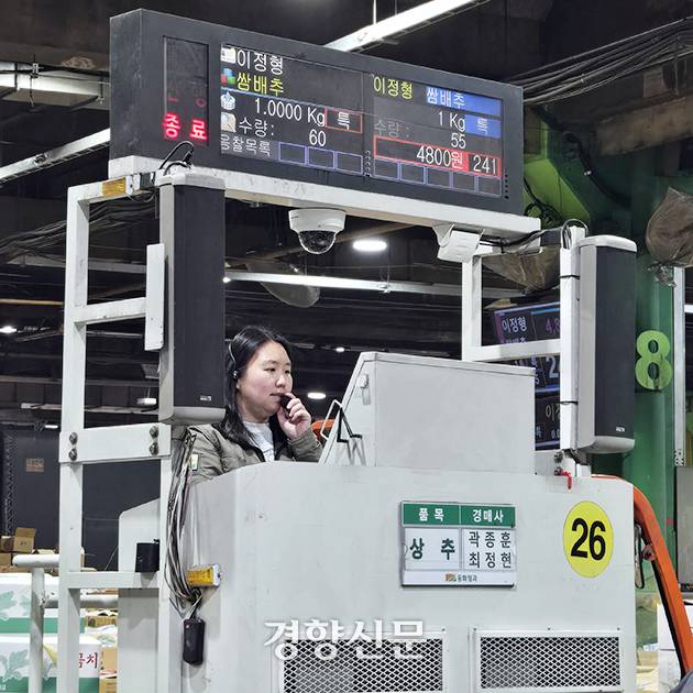 동화청과 경매사 허은정 과장이 지난 20일 오후 서울 송파구 가락시장에서 쌈채류 경매를 진행하고 있다. 김서영 기자