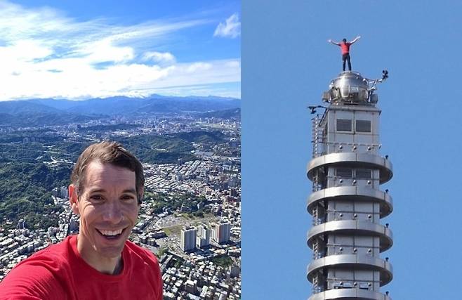 미국의 ‘프리 솔로’ 암벽등반가 알렉스 호놀드가 25일 대만 타이베이의 초고층 빌딩인 ‘타이베이 101’에 아무런 안전 장비 없이 맨몸으로 등반하는 데 성공했다.(왼쪽) 빌딩 정상에 오른 호놀드가 휴대전화로 ‘셀카’를 찍고 있다.(오른쪽) 알렉스 호놀드 엑스·AFP 연합뉴스