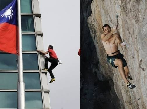 미국의 ‘프리 솔로’ 암벽 등반가 알렉스 호놀드가 25일 대만 타이베이의 초고층 빌딩인 ‘타이베이 101’에 아무런 안전 장비 없이 맨몸으로 등반하고 있다.(왼쪽) 그는 상당한 근육량을 자랑하지만, 10년이 넘는 기간 동안 채식주의자로서 고기를 거의 섭취하지 않았다. 오른쪽은 그가 암벽을 등반하는 모습. 자료 : AP 연합뉴스·알렉스 호놀드 인스타그램