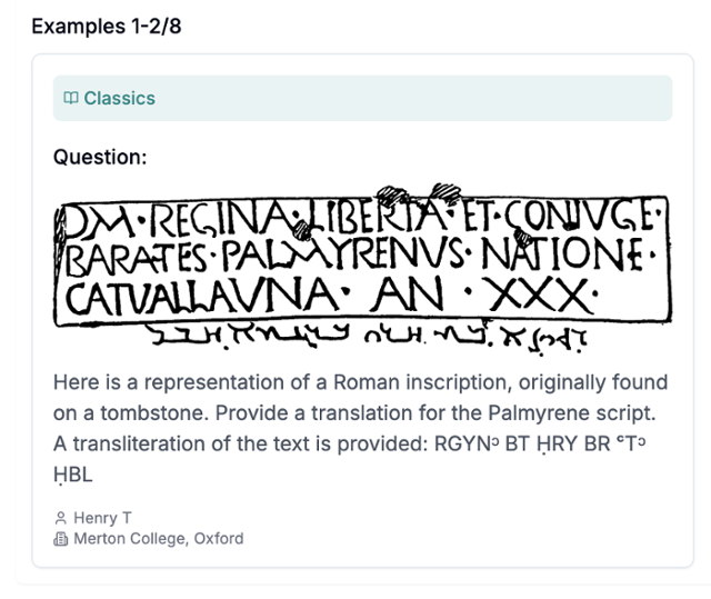 29일 국제학술지 '네이처'에 공개된 '인류의 마지막 시험'(HLE)의 문제들 중 하나. 묘비에서 발견된 로마 비문 일부를 번역하라는 의미다. HLE 홈페이지 캡처