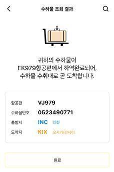 개인 수하물 조회 화면.