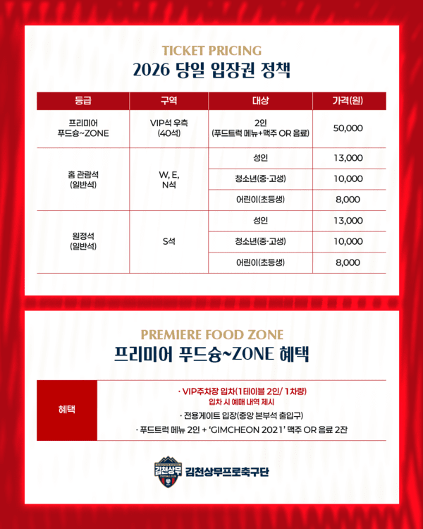 김천상무, 2026시즌 입장권 정책 발표...다자녀 할인 정책 & 스타디움 투어 신규 프로그램 추가