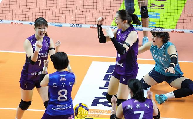 2025-2026시즌 V리그 여자부 GS칼텍스 대 흥국생명 경기가 29일 서울 장충체육관에서 열렸다.  흥국생명 김다은이 결정적인 공격을 성공시킨 후 동료들과 기뻐하고 있다. /사진=김진경 대기자