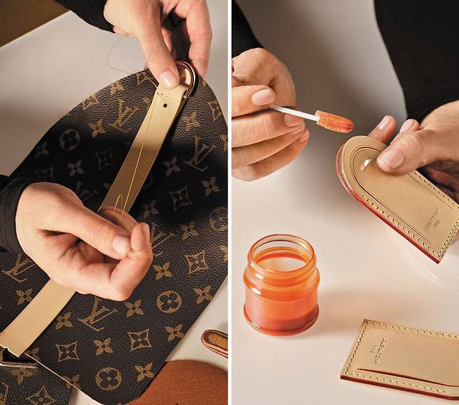 루이 비통의 장인 정신을 보여주는 여러 장면들. 가장 최상의 가죽을 고르고, 한 땀 한 땀 바느질을 한다. 견고함을 더하기 위해 핸들 등에도 꼼꼼하게 마감을 점검한다.