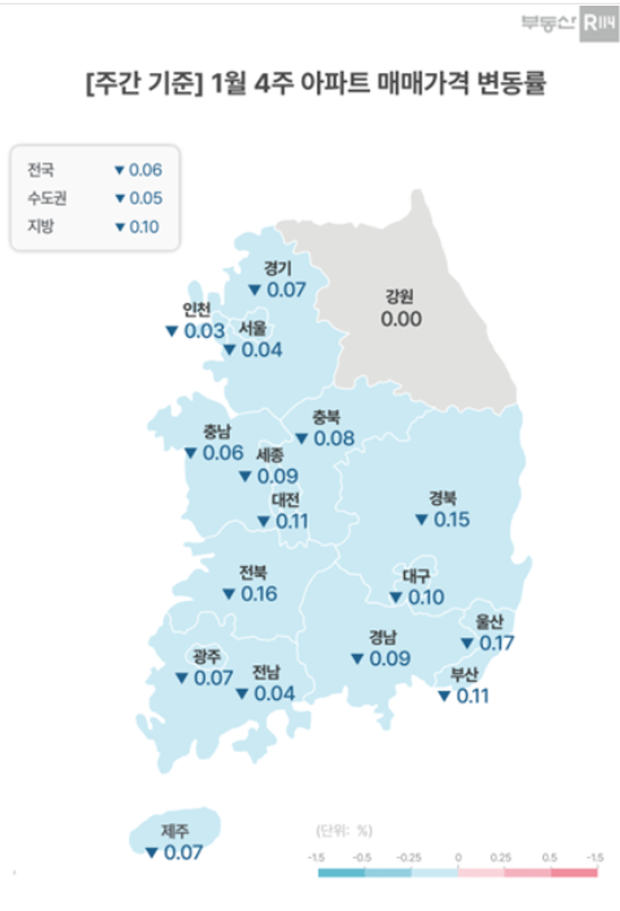 1월 넷째 주 전국 아파트값 변동률. 부동산R114 제공