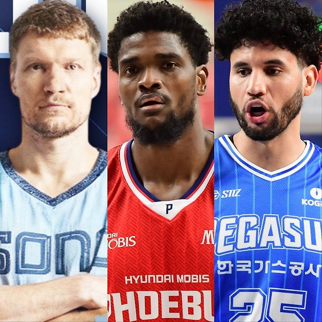 KBL 하위권 4팀 중 3팀이 시즌 중 외국인선수를 교체했다. 소노 이기디우스 모츠카비추스, 현대모비스 존 이그부누, 가스공사 베니 보트라이트(왼쪽부터)는 팀의 PO 진출을 이끌 수 있을까. 사진제공｜KBL·고양소노