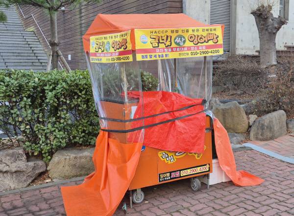 부산 북구 금곡대로 인도에 설치돼 있는 붕어빵 노점상 모습. 임동우 기자