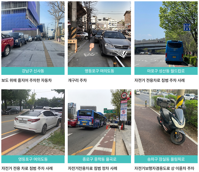 자전거도로를 막고 있는 방해물들.[서울환경연합 시민리포트2025 갈무리]